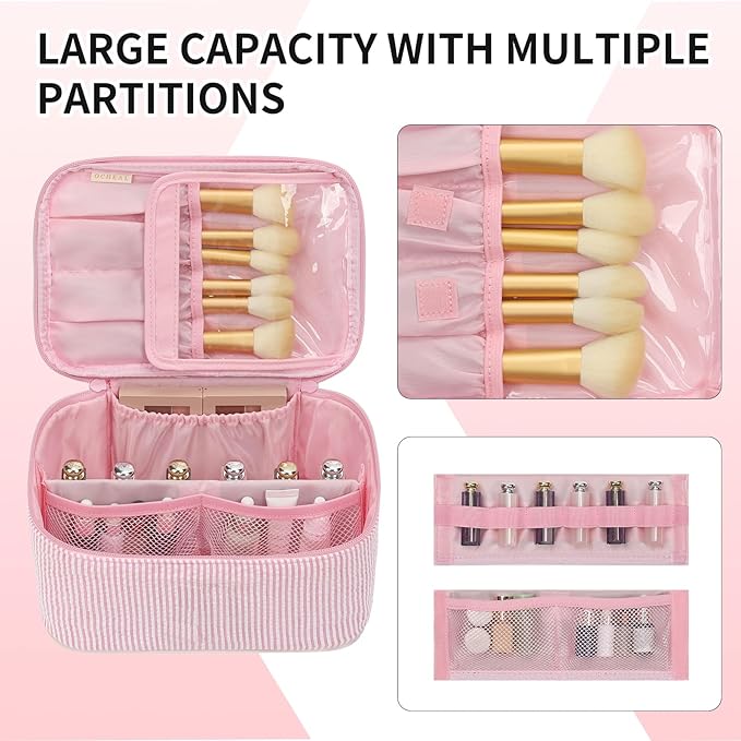 OCHEAL Makeup Bag for Women - Travel Cosmetic Organizer with Brush Slot & Divider, Large Capacity Toiletry Bag for Girls, Travel Makeup Case for everyday Make up Accessories -Pink stripes