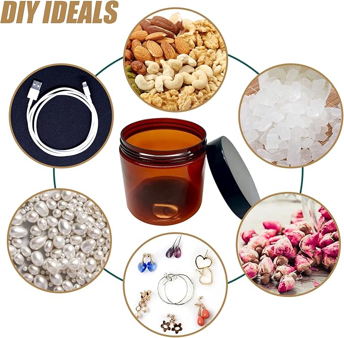 12 oz Amber Plastic Cosmetic Jars Leak Proof Container with Black Lid for Cream, Lotion, Powder, ointment, Beauty Products etc, 6 Pcs.