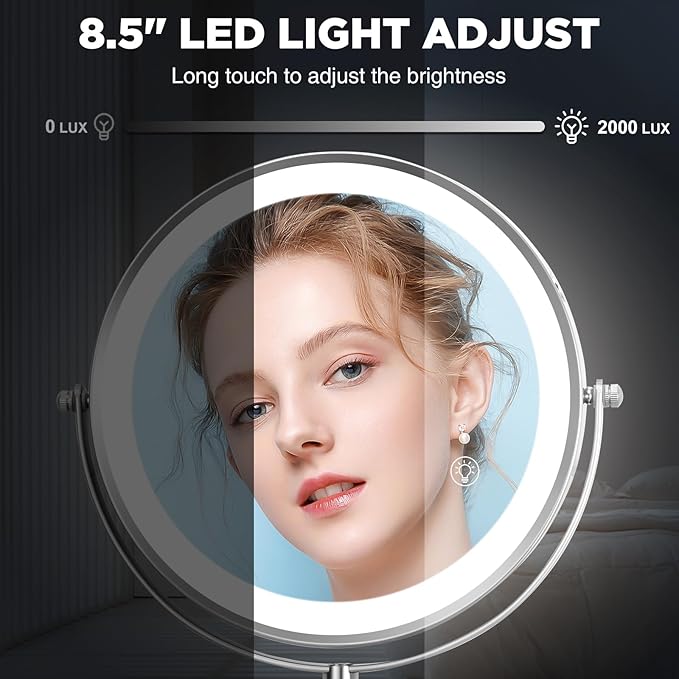 Wall Mounted Mirror with Lights - 15x Magnifing Extended Arm Mirror, 3 Color Lights & 360°Swivel Vanity Mirror, 8.5in Bathroom Mirrors for Wall Mounted - Chrome