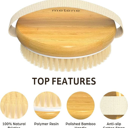 Metene 2 Pack Bamboo Dry Body Brushes, Shower Brush Wet and Dry Brushing, Dry Brush for Cellulite and Lymphatic, Body Scrubber with Soft and Stiff Bristles, Suitable for All Kinds of Skin