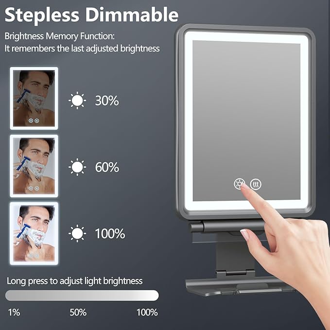 Heated Shower Mirror Fogless for Shaving, 3 Colors Stepless Dimmable Lights Fogless Mirror for Shower, Rechargeable Anti Fog Shaving Mirror with Razor Holder for Men, Light Memory Function, Gray
