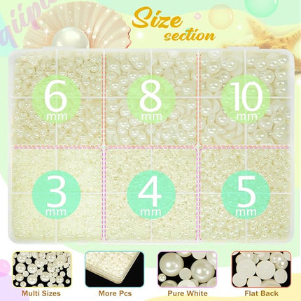 qiipii Beige White Flatback Pearls w B7000 Glue for Bedazzling Crafting 3/4/5/6/8/10mm Ivory Half Round Pearl Bedazzling Beads Gems Bedazzler Kit for Nails Face Eyes Makeup Tumblers Bottles DIY Crafts