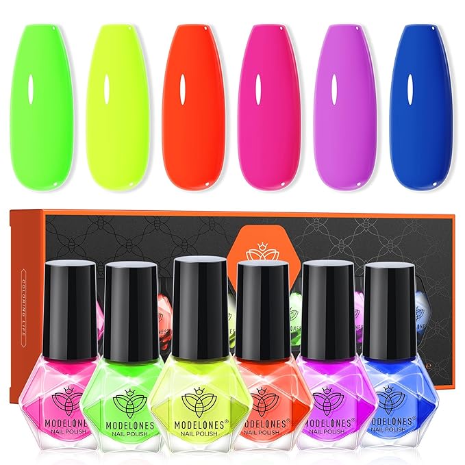 modelones Nail Polish, 6 Colors Summer Neon Blue Green Purple Rose Orange Yellow Quick Dry Mini Starter Kit, Long Lasting Art DIY Manicure Set at Home for Women Girls