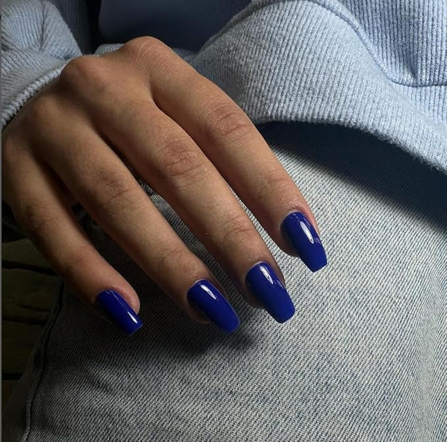 Navy Blue Press on Nails Medium Coffin Fake Nails Press ons, KXAMELIE Full Cover False Nails Tips Medium Length Glue on Nails Natural Thick Long Acrylic Nails 24Pcs Solid Color Coffin Nails for Women