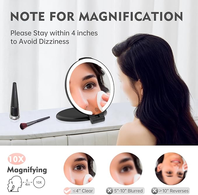 FUNTOUCH Travel Mirror with Light, 1X/10X Rechargeable Makeup Mirror with Magnifying, 7'' Double Sided 3 Color Lighting Modes for Travel Essential, Portable Vanity Mirror, Black