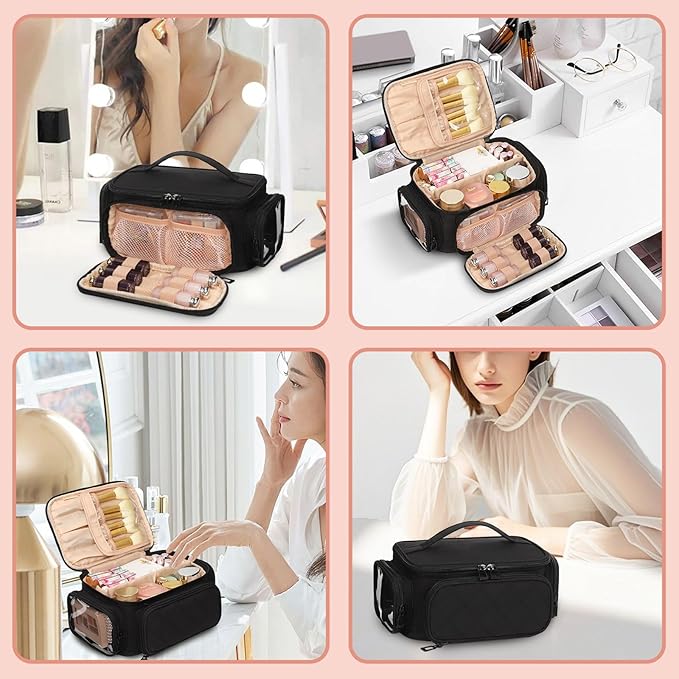 OCHEAL Makeup Bag,Travel Makeup Organizer Bag for Women with Zipper Pouch and Side Pocket, Multifunctional Compartments and Dividers,Toiletry Make up Case for Toiletries, Brushes & Beauty Tools-Black