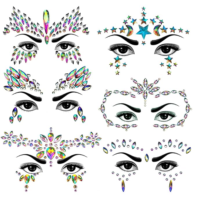 6Sets Festival Face Jewels stickers Body jewels stickers Glitter Rave Face Gems Rhinestones – Eye Body Gems | Rhinestone Stickers | Body Glitter Festival Rave & Party Accessories colorful