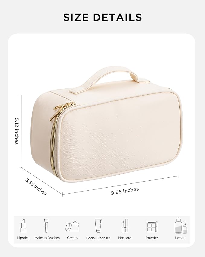 Makeup Bag for Women Small Travel Makeup Bag Organizer Portable Toiletry Bag Cute Makeup Bags Waterproof Leather Cosmetic Bag Makeup Case with Handle, Beige