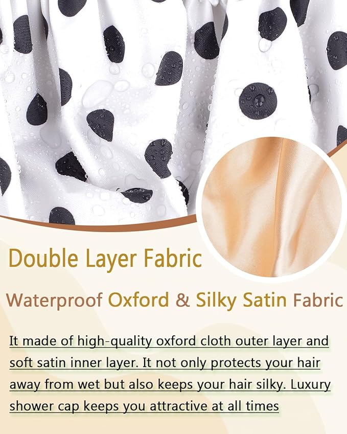 Shower Cap Large Shower Caps for Women Reusable Waterproof with Adjustable Band Double Layer Design Large Luxury Washable Bath Hair Bonnet (Black Dot)