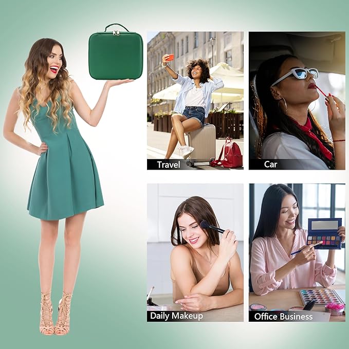 Travel Makeup Bag with LED Mirror Travel Makeup Organizer with 3 Lighted Settings, Adjustable Dividers and Makeup Brush Storage Bag Dark Green