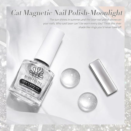 Born Pretty Cat Magnetic Eye Nail Polish, Silver Platinum Moonlight Quick Dry Sparkle Shimmer Glitter Nail Polish with Magnet 10ML