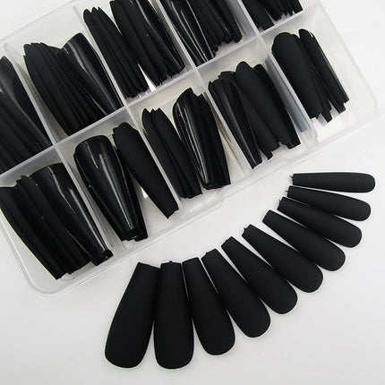 LoveOurHome 100pc Matte Coffin Press on Nails Long Fake Nails Black False Nails Medium Ballerina Acrylic Nails Press ons Nail Coffin Artificial Nails Women Girls Black Fake Fingernails 10 Sizes