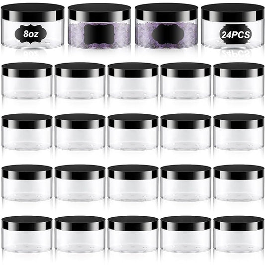 Dandat 24 Pcs 8 oz Plastic Jar Container with Lid and Label Refillable Empty Round Clear PET Cosmetic Sample Containers for Lotion, Cream, Ointments, Body Butter, Makeup, Travel Storage
