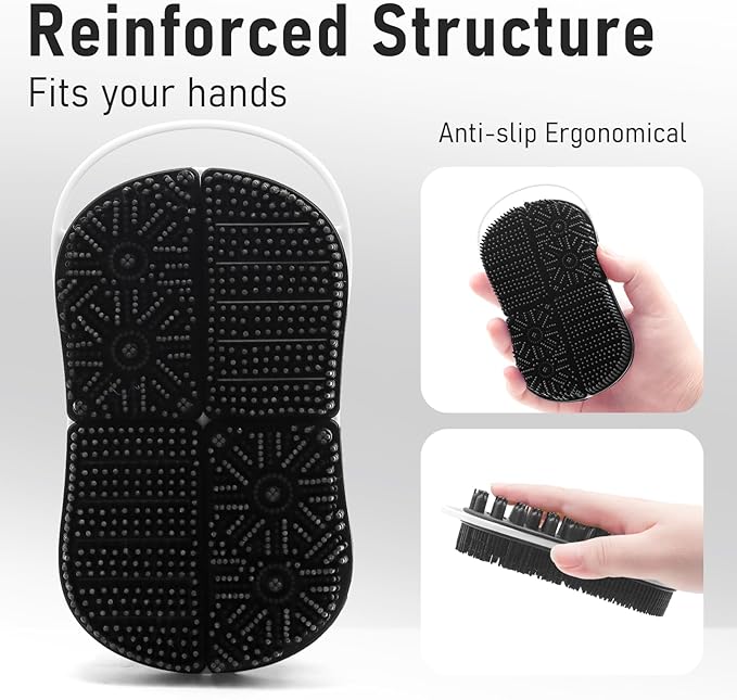 Silicone Body Scrubber Shower Bath Exfoliator 2 in 1 Scalp Massage Mens Body Wash with No-Slip Handle Lather Deep Clean Bathing Upgrade Long Lasting Bristles Loofah All Skin 1 Pack Black