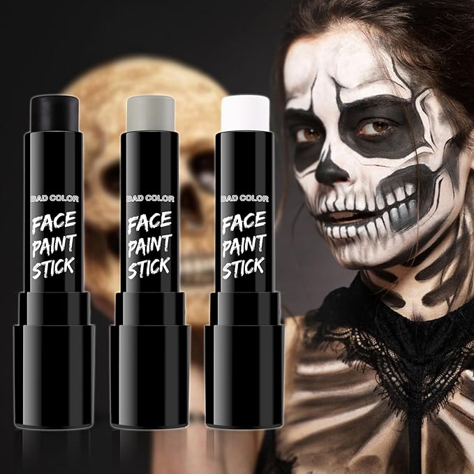 BAD COLOR 3PCS Black White Grey Face Body Paint Stick Makeup for Skull Skeleton Goth Mime SFX Cosplay & Dress Up, Full-Coverage Halloween Facepaint Makeup Kit