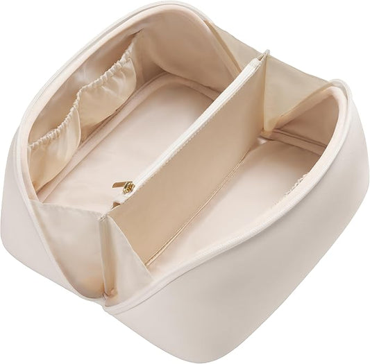 Yarnic White Neoprene Travel Makeup Bag Cosmetic Bag, Large Capacity Toiletry Bag for Women, Portable Pouch Cute Make Up Organizer with Divider and Handle