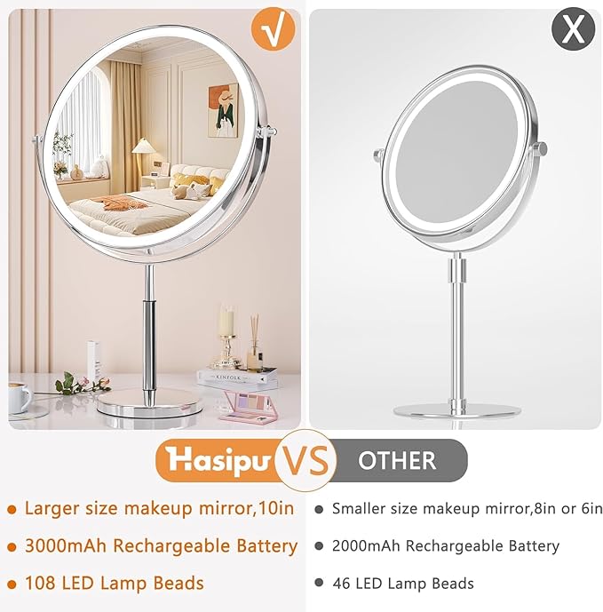Hasipu 10-inch Lighted Makeup Mirror with Magnification, Rechargeable 3000 mAh Vanity Mirror with Lights, Desk Mirror with Dimmable Brightness, 3 Lighting Modes, Height Adjustment, Nickel
