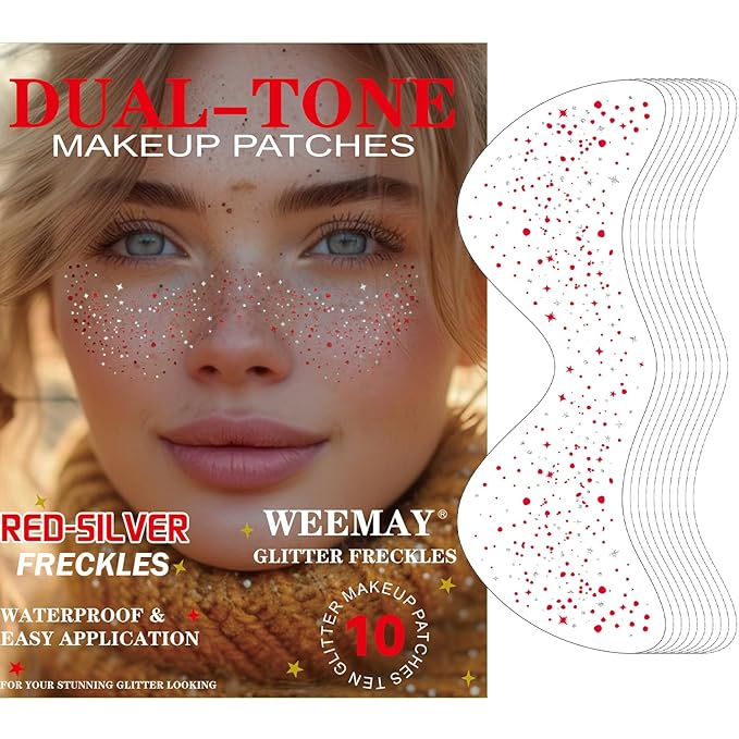 10 Pcs Red-Silver Dual-tone Glitter Freckles, Double Colors Glitter Freckles Face Tattoo, Waterproof Face Sparkle Freckles, Long-lasting 48h Freckles Special for Christmas