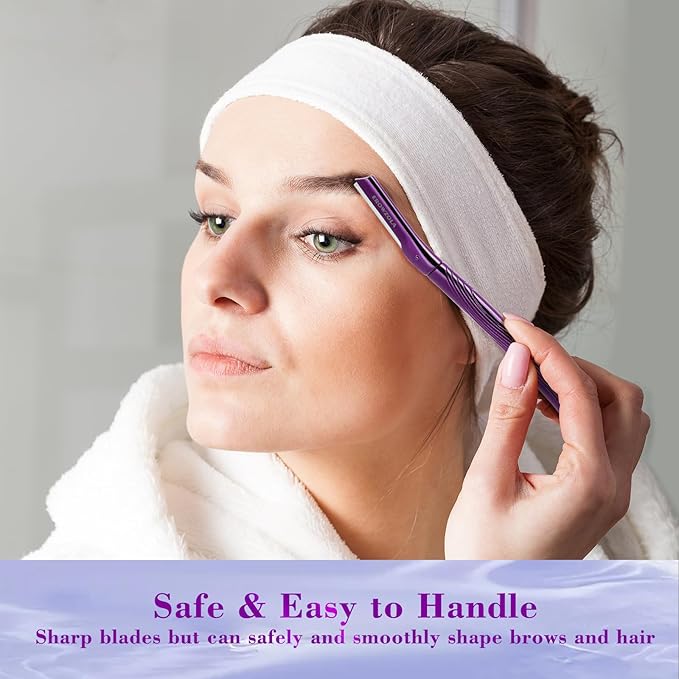 Eyebrow Razor, Face Razors for Women and Men, Reusable Metal Handle with 6 Refill Blades, Eyebrow Trimmer with Precision Cover, Dermaplane Razor, Skin Care Tool, Purple