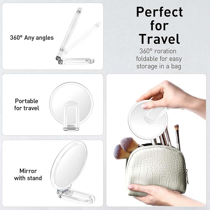 LFOYOU Magnifying Handheld Mirror Double Sided, 1X 15X Magnification Hand Mirror, Travel Folding Held Adjustable Rotation Pedestal Makeup Desk Vanity Mirror