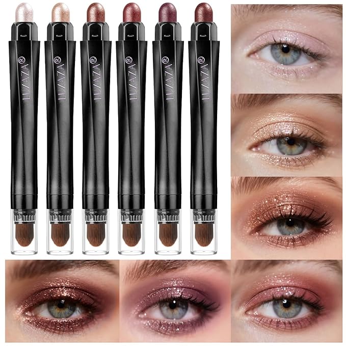 6-Piece Matte and Shimmer Cream Eyeshadow Pencil Set, Waterproof Long Lasting Highlighter Stick, Champagne Rose Pink