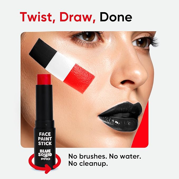 Blue Squid PRO Red, White and Black Face Paint Stick - Waterproof Body Paint Adults & Kids Eye Black Baseball, Eyeblack Softball -Hypoallergenic Twist-Up Non-Toxic Makeup Stick - Cosplay, Sports & SFX