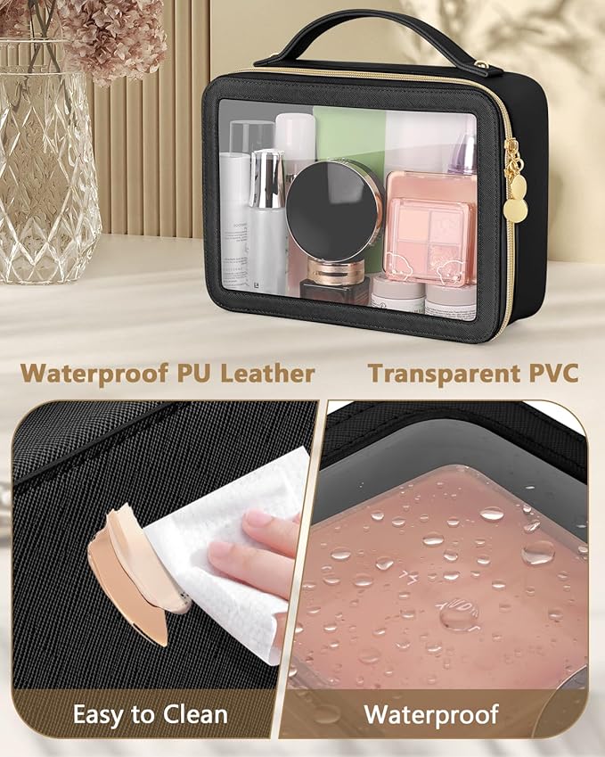 Clear Makeup Bag, Portable Travel Cosmetic Bags, Multipurpose Leather Toiletry Bag with Zipper, Waterproof Transparent Cosmetic Organizer for Women, Large, Black