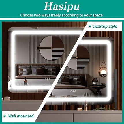 Hasipu Vanity Mirror with Lights, 24.2" x 18.9" LED Make up Mirror, Light up Mirror with 10X Magnification and USB Charging Port, Phone Holder, Smart Touch 3 Colors Dimmable, 360° Rotation (Black)