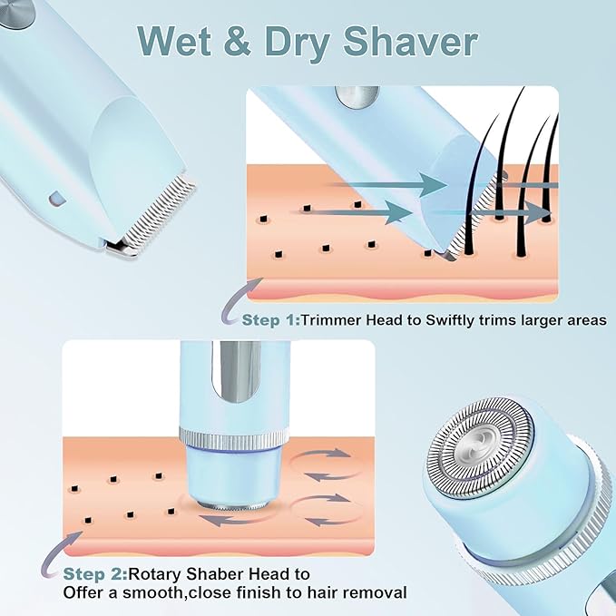 Bikini Trimmer for Women with LCD, Cordless& Painless& Waterproof Dual Head Shaver for Women Private Area& Face& Body, 2-in-1 Electric Razors, Bikini Shaver, Hair Trimmer Travel Grooming Kit