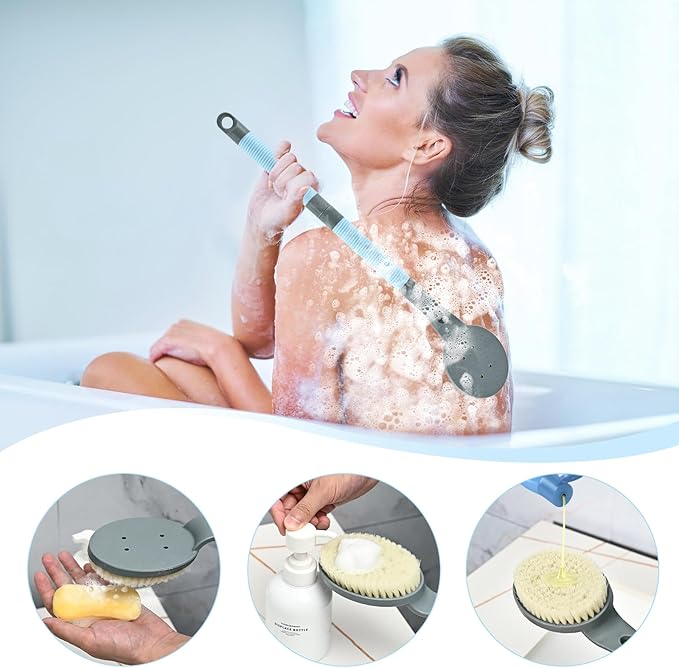 Back Scrubber Anti Slip for Shower, 21.7” Detachable Back Bath Brush for Shower, Back Scrubber, Exfoliation and Improved Skin Health for Elderly with Limited Arm Movement, Disabled (21.7” Grey)