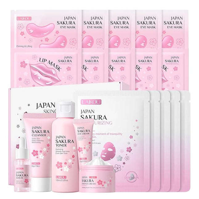 LAIKOU SAKURA Skin Care, Skin Care Set, Face Mask, Eye Mask, Lip Mask with Serum, Cleanser, Toner, Eye Cream, Essence Cream for Women Teen Girls Mom Daughter Mother's Day Christmas Birthday