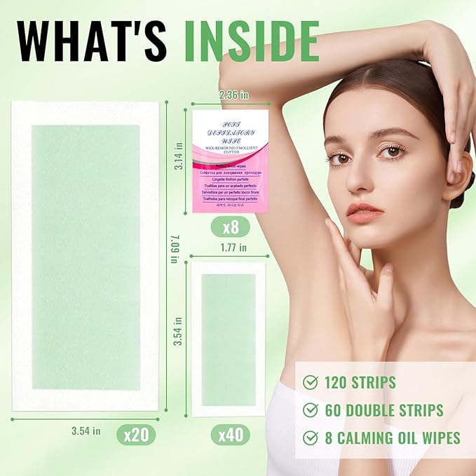 120 Strips Wax Strips Body Hair Removal 2 Sizes and 8 Oil Wipes Waxing Strip Dual Sides Bikini Brazilian Wax for Women Men Face Arms Legs BackUnderarm Waxing Kit Suit Many Skin Aloe Scent