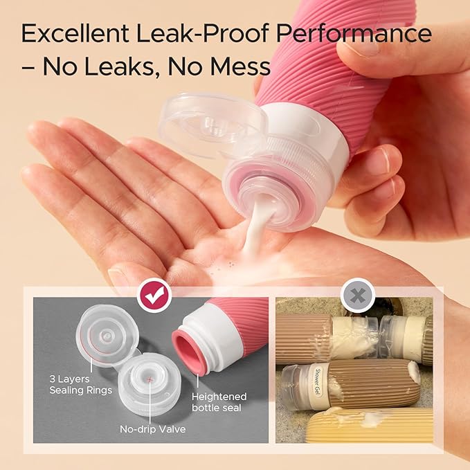 23 Pack TSA Approved Travel Bottles for Toiletries, Leak Proof Refillable Travel Size Containers Kit with Silicone Squeezable Bottles Jars for Shampoo Lotion Conditioner, in Clear Bag, Pink