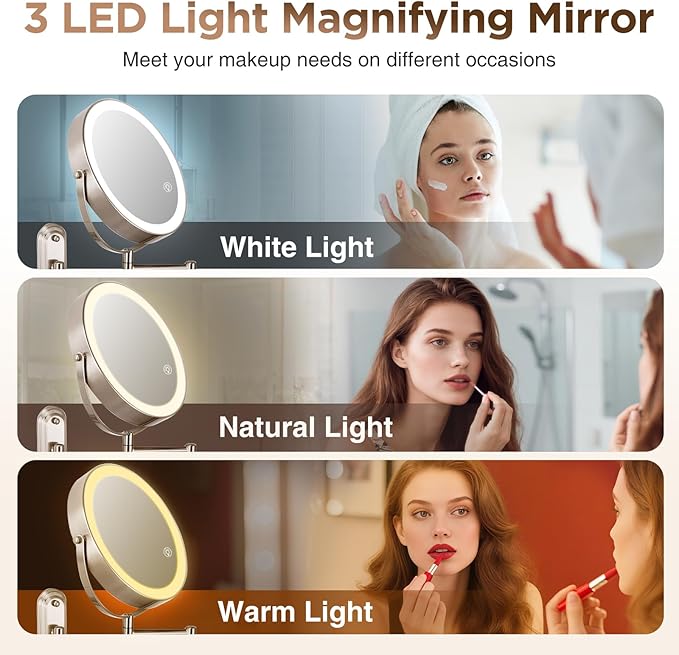 30X Wall Mounted Makeup Mirror with Lights,3 Color Modes Dimmable & Adjustable Double Side, Bathroom Vanity Makeup Mirror with 360 Rotation Extendable Swivel Arm,Magnifying Mirror - Brushed Nickel
