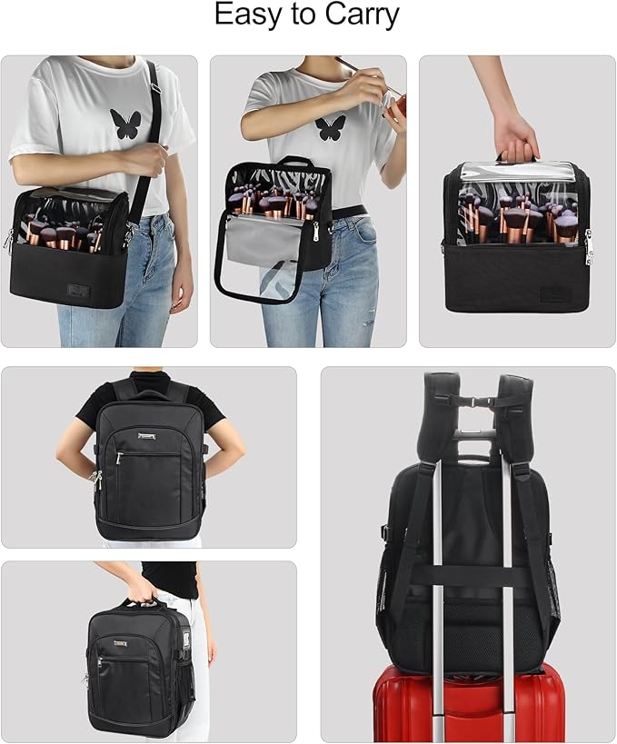 Makeup Backpack Makeup Artist Bag Professional Extra Large Cosmetic Bags Travel Train Case Storage Organizer Double-Layer Cosmetic Case with 4 Pouch and Brush Organizer (Black, two piece)
