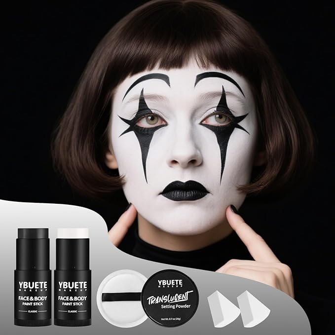 White Black Face Body Paint Stick Set with Translucent Setting Powder and Sponges, Professional Full Coverage Face Painting for Adults Halloween Cosplay SFX Skull Zombie Skeleton Goth Makeup