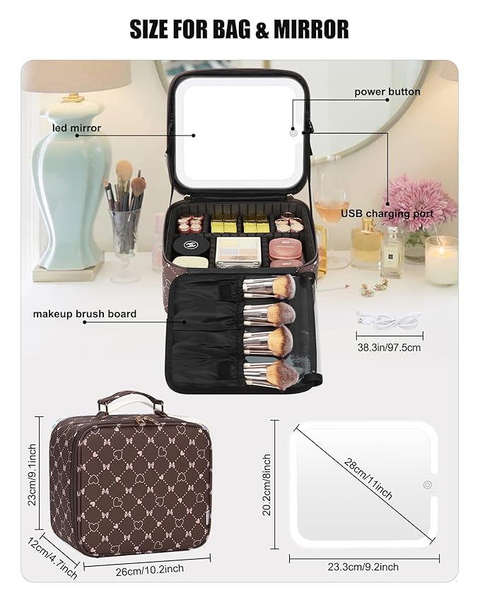 Relavel Travel Makeup Bag With LED Mirror, Portable Cosmetic Organizer Bag with Adjustable Brightness in 3 Color Scenarios, Small Train Case with Detachable Dividers for Trip- Brown Bowknot