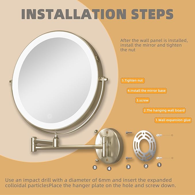 10" Wall Mounted Makeup Mirror with Light, 3000mAh Rechargeable Double Sided 1X / 10X Magnifying Vanity Mirror, 3 Color Lights Touch Dimmable 360° Rotation Bathroom Mirror, Nickel