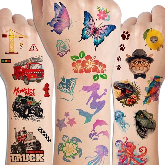 Temporary Tattoos for Kids - 320 Mixed Styles (36 Sheets) Tattoo Stickers Set for Boys and Girls, Car Dinosaur Hawaii Mermaid Watercolor Animals Tattoos for Kids Birthday Party Supplies