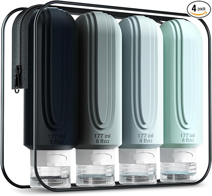 Travel Bottles for Toiletries, Large 6oz Oversize Containers, BPA Free Leak Proof Tubs Refillable Liquid Traveler Accessories with Toiletry Bag for Cometic Shampoo and Lotion Soap (4 Pack)