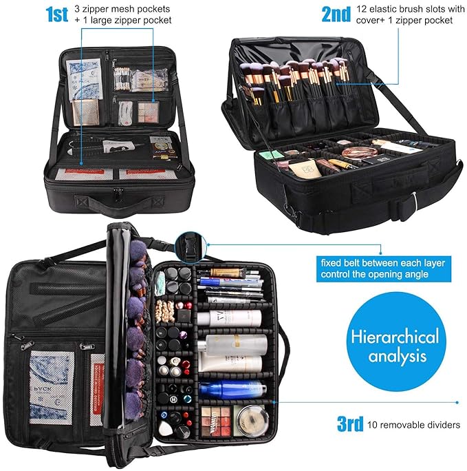 MONSTINA 16.5'' Large Capacity Makeup Case 3 Layers Cosmetic Organizer Brush Bag Barber Train Case Makeup Artist Box for Hair Curler Hair Straightener Brush Set and Cosmetics