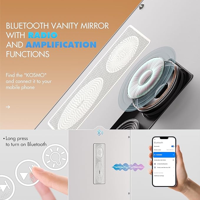 Hasipu Vanity Mirror with Lights and Bluetooth Speaker, 40" x 29" Hollywood Makeup Mirror with 21 Dimmable Bulbs and 10X Magnification, 3 Colors Modes, USB Charging Port, Type-C (White)