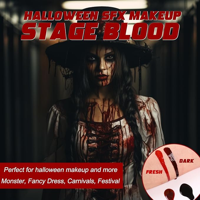 BOBISUKA 2PCS Halloween Fake Blood Makeup Kit - Fresh Red + Dark Red Realistic Washable Special Effects SFX Makeup Set, for Zombie Vampire Cosplay Monster Mouth Clothes Dress Up