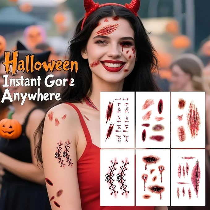 Zerobe Professional Zombie Film SFX Makeup Kit - Large 3D Fake Scars Blood Tattoo Stickers for Movie-Quality Undead Effects | Waterproof, Realistic Wounds for Cosplay, Halloween (Large 121 Pcs)