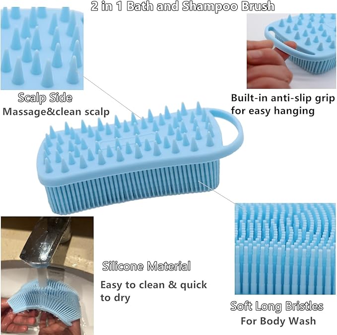 2Pack Dual Sided Silicone Body Scrubber for Exfoliating, Shower and Scalp Massage, 2 in 1 Bath & Shampoo Brush,Soft Exfoliating Body Shower Scrubber Brush (Pink&Blue)