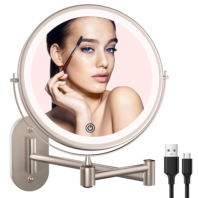 Rechargeable Wall Mounted Lighted Makeup Vanity Mirror 8 inch 1X/10X Magnifying Mirror with 3 Color Lights, Double Sided Bathroom Mirror with Dimmable LED Lights, Shaving Light up Brush Nickel