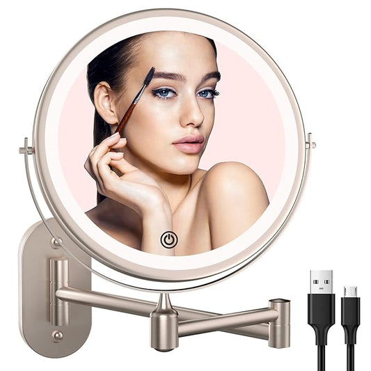 Rechargeable Wall Mounted Lighted Makeup Vanity Mirror 8 inch 1X/10X Magnifying Mirror with 3 Color Lights, Double Sided Bathroom Mirror with Dimmable LED Lights, Shaving Light up Brush Nickel