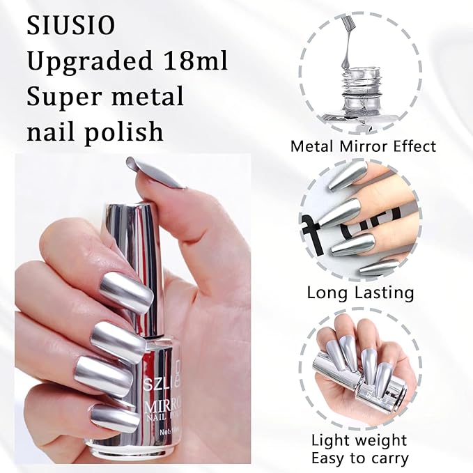 SIUSIO 18ml Mirror Nail Polish, Bright Colorful Metallic Nail Polish for Nail Art, Longlasting Mirror Effect Nail Glue, Gorgeous Reflective Manicure Nail Lacquers, 0.61 fl oz-Silver