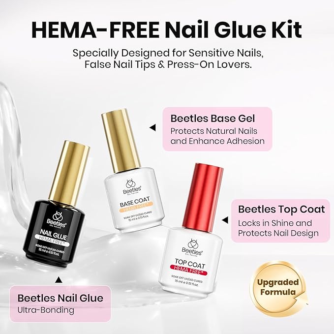 Beetles 3Pcs 15ml HEMA-Free Nail Glue Top Coat & Base Gel Set No Wipe Top Coat Base Nail Glue Gel for False Nails Shine Effect Long Lasting Nail Extension DIY Salon Nails at Home, U V Light Required
