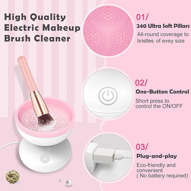 Electric Makeup Brush Cleaner, Luxiv Wash Makeup Brush Cleaner Machine Fit for All Size Automatic Spinner Dryer, Beauty Blender Washer (Pink)